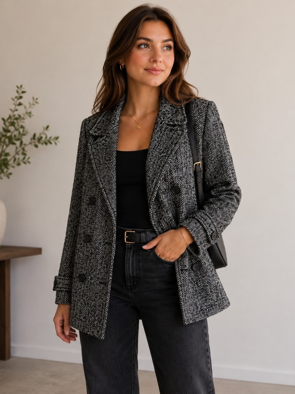 American Eagle Black & White Herringbone Double Breasted Peacoat